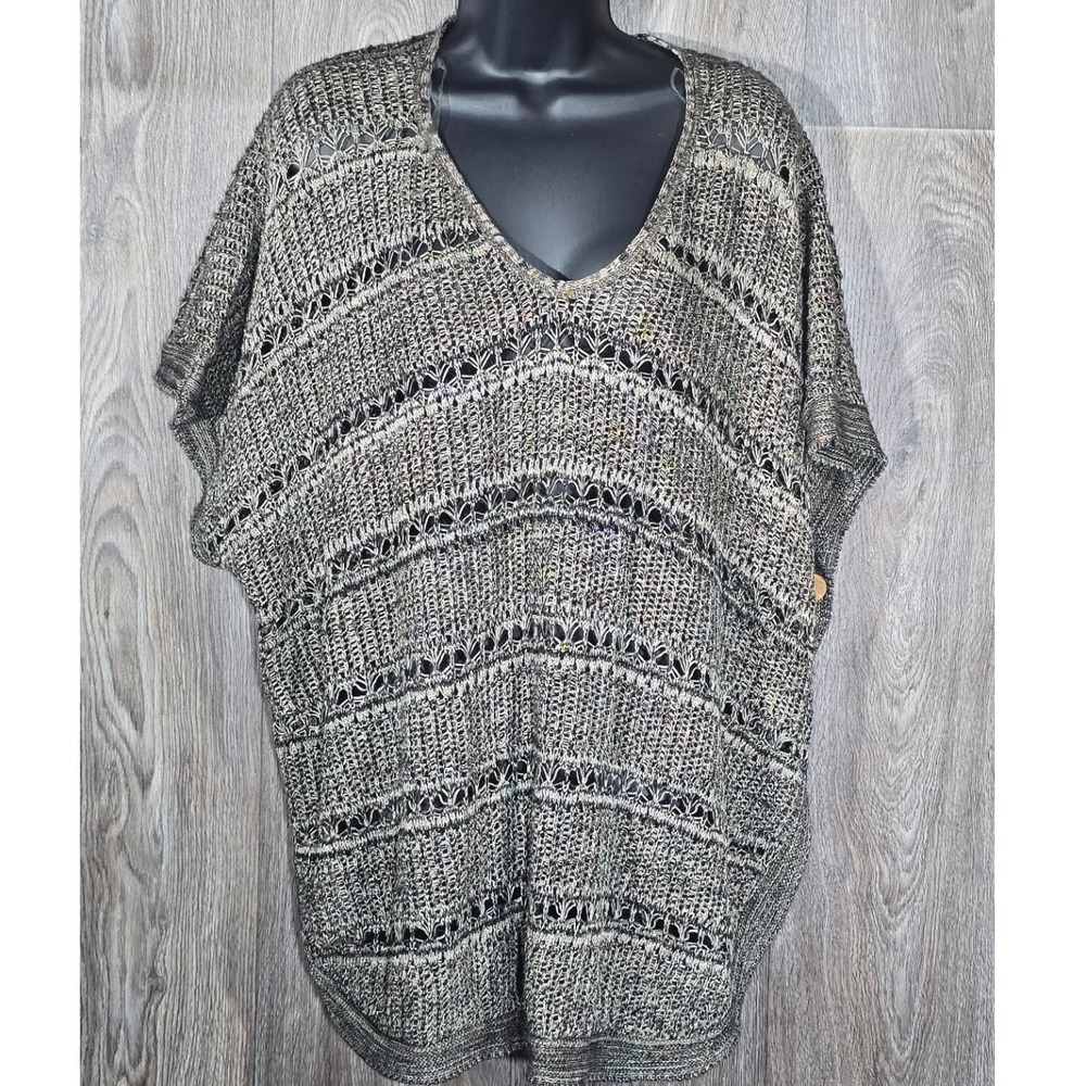 New Directions XL Knit Top Black Beige Striped Short Sleeve V Neck Sweater